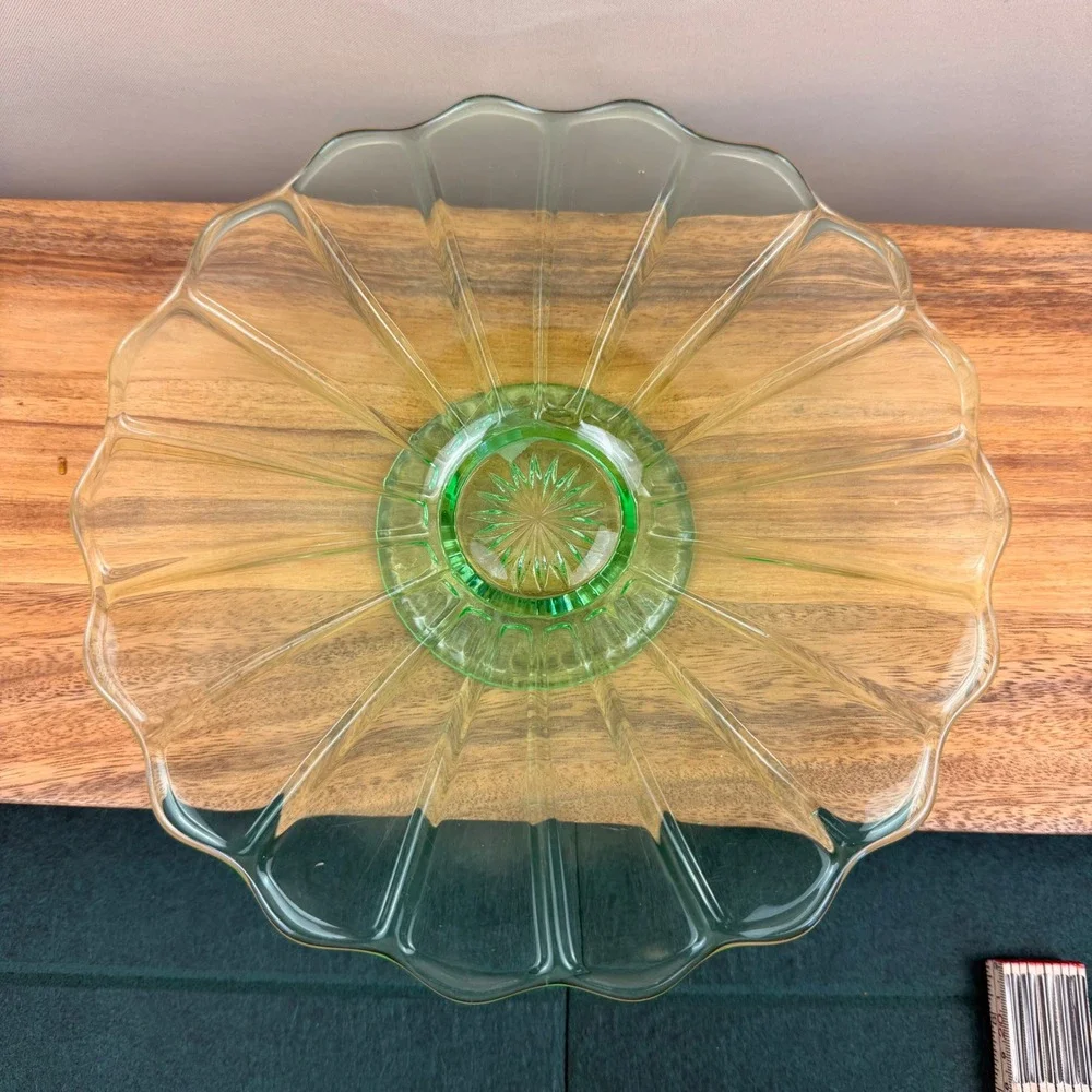 Vintage Green Uranium Glass Cake Stand 10 Inch Scalloped Vaseline Glass Pedestal